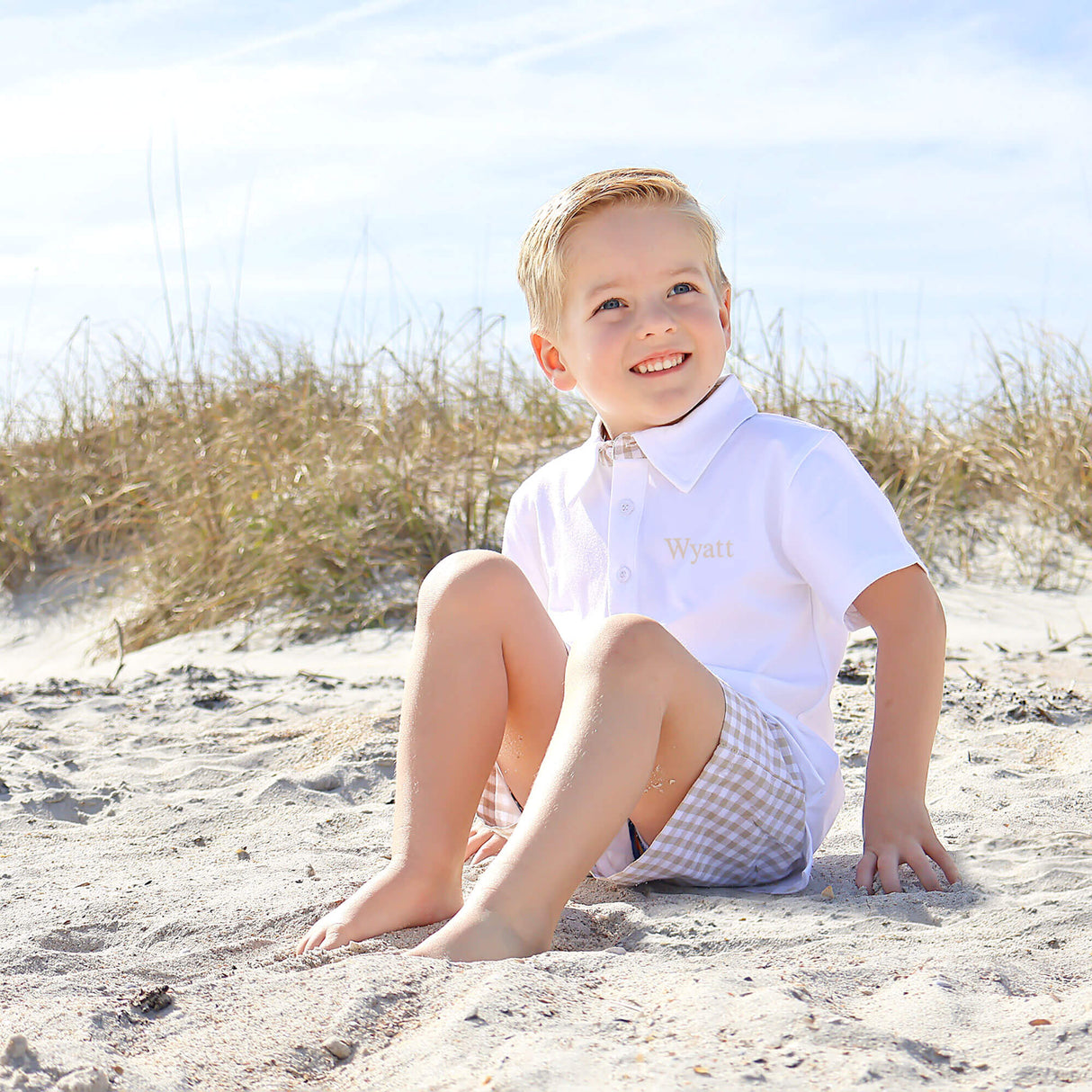 Khaki Gingham Boy Polo Short Set