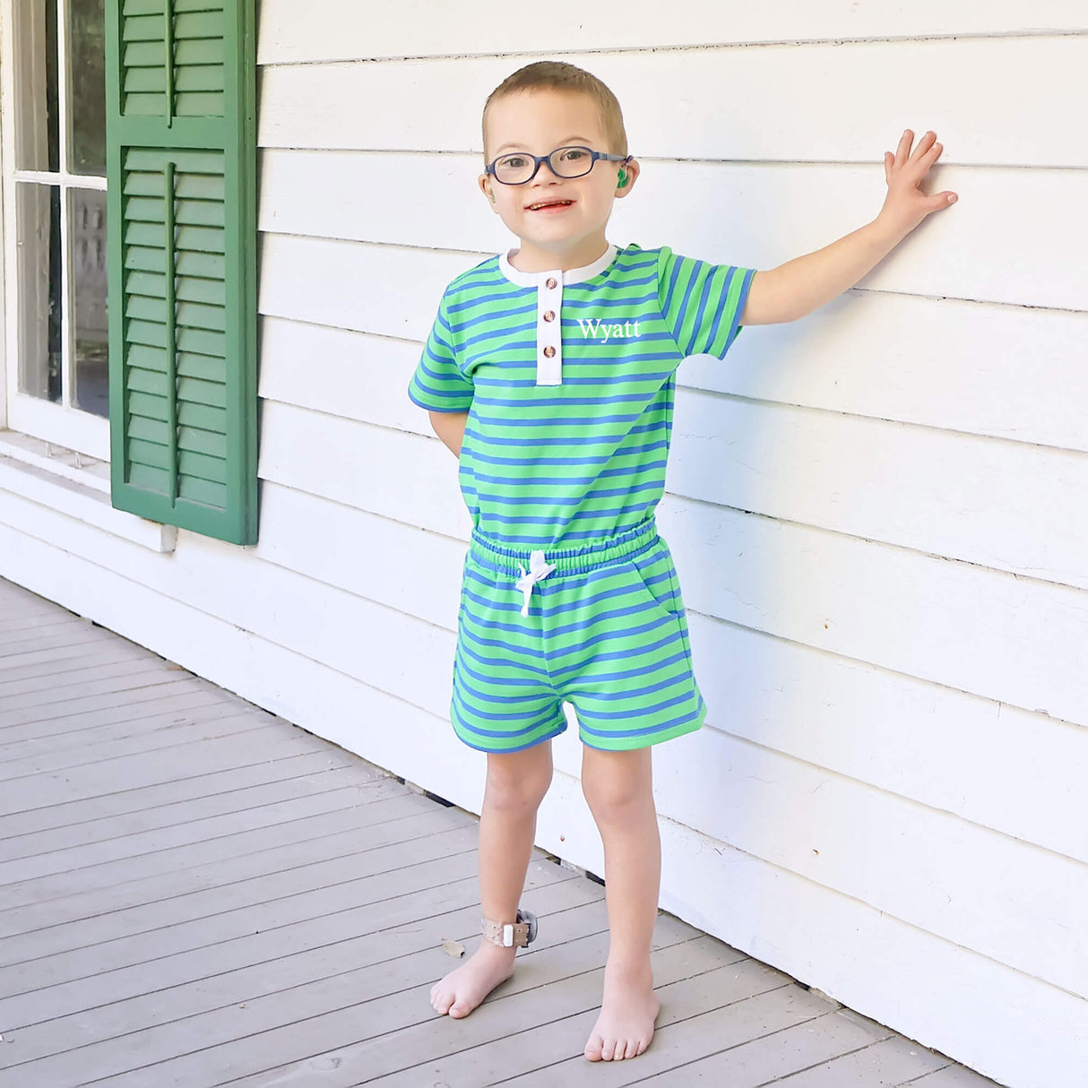 Green & Blue Stripe Terry Henley Short Set