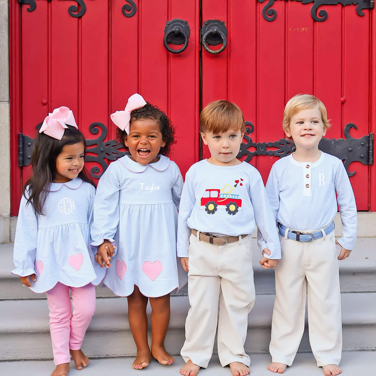 Heart Firetruck Light Blue Stripe Long Sleeve Shirt