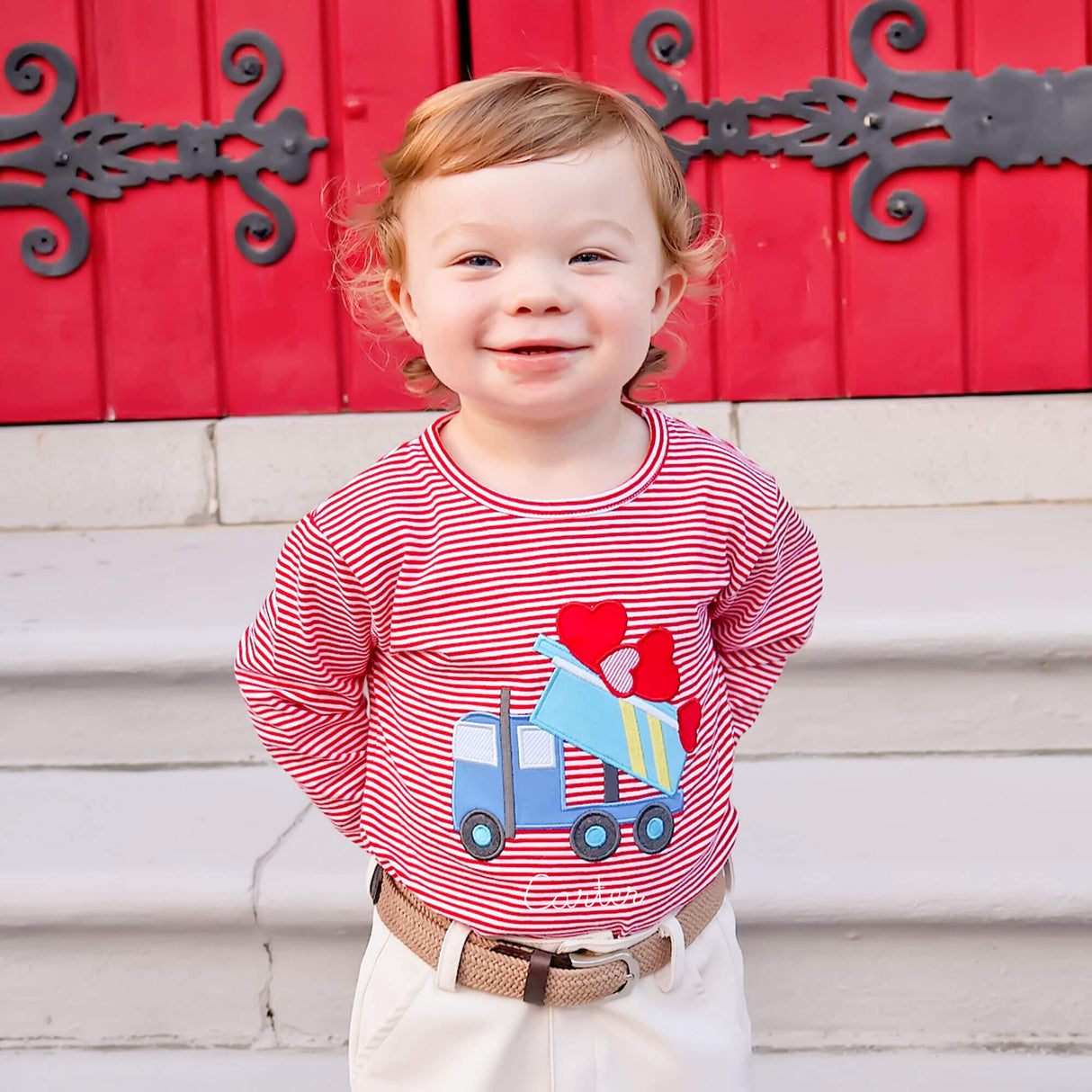Heart Dump Truck Red Stripe Long Sleeve Shirt