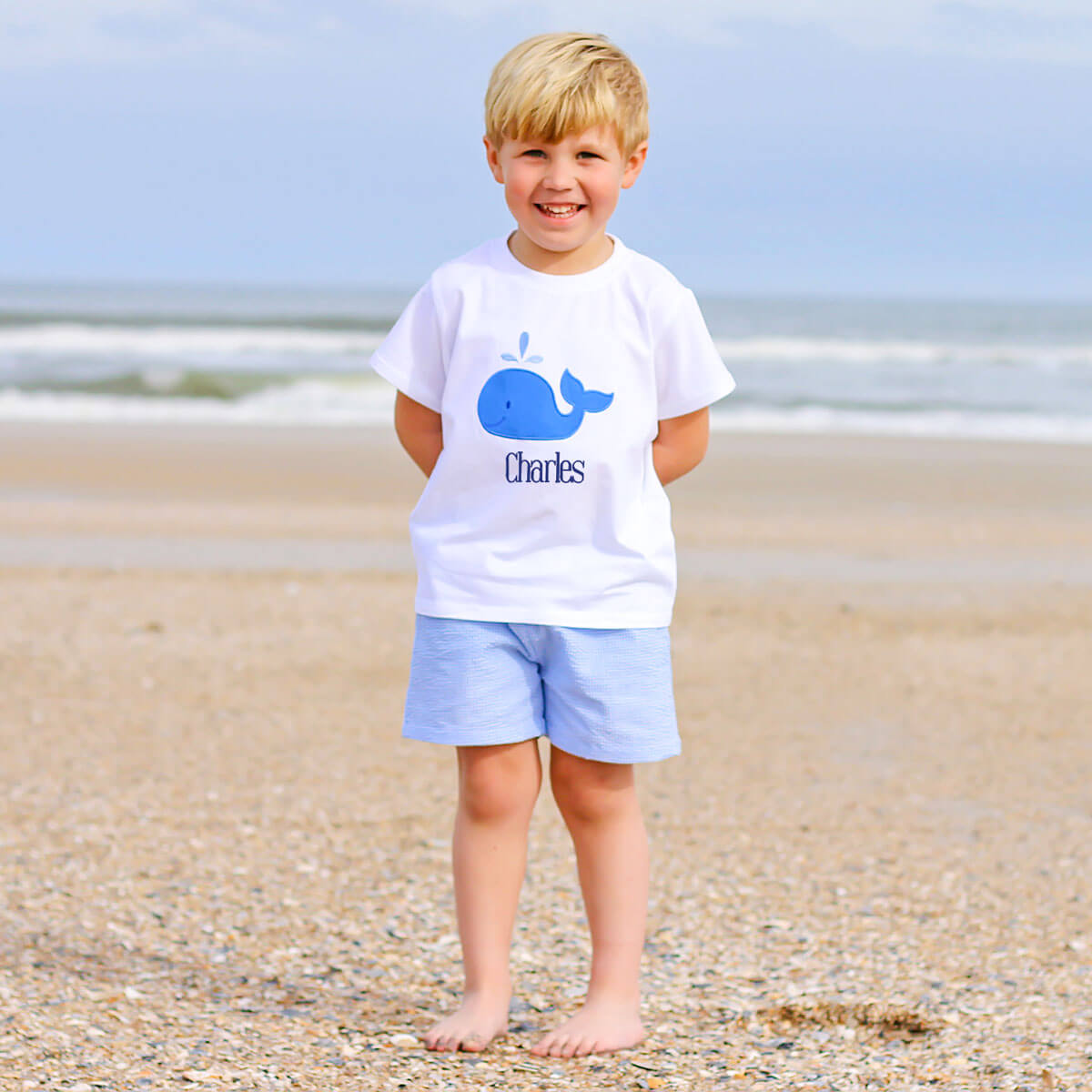 Ocean Whale Applique Blue Gingham Short Set