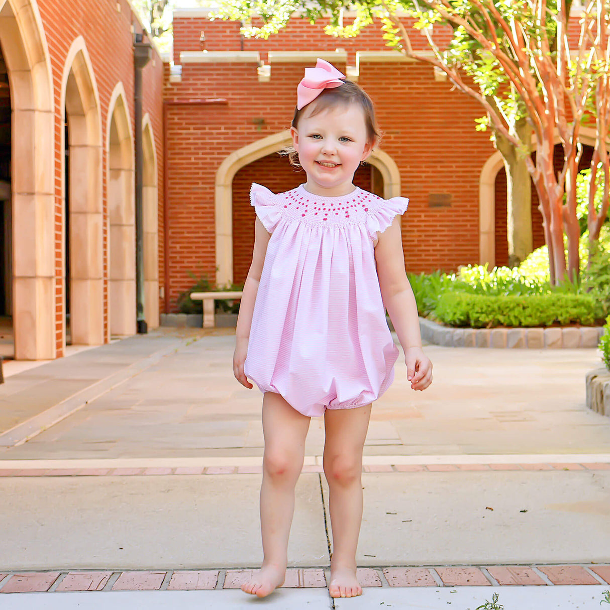 Cute Pink Stripe Smocked Angel Sleeve Bubble