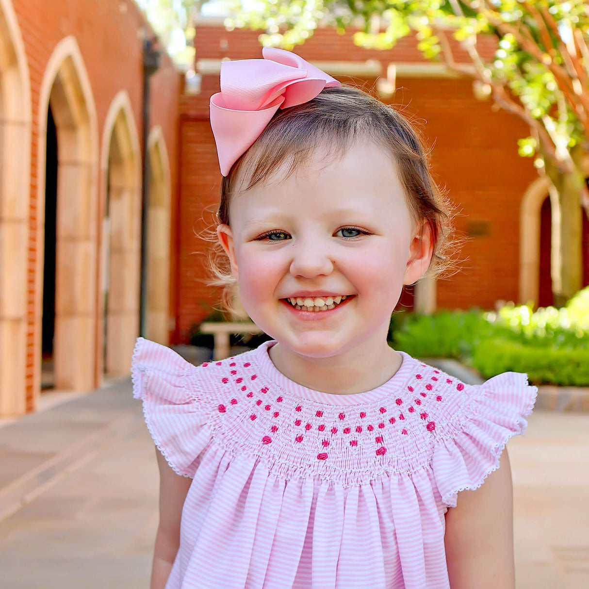 Cute Pink Stripe Smocked Angel Sleeve Bubble