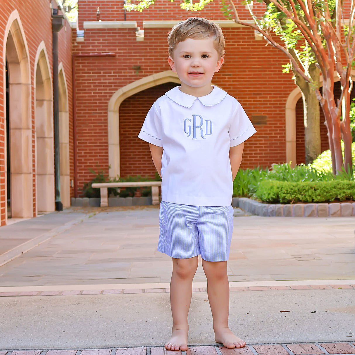 Cute Blue Stripe Collared Short Set