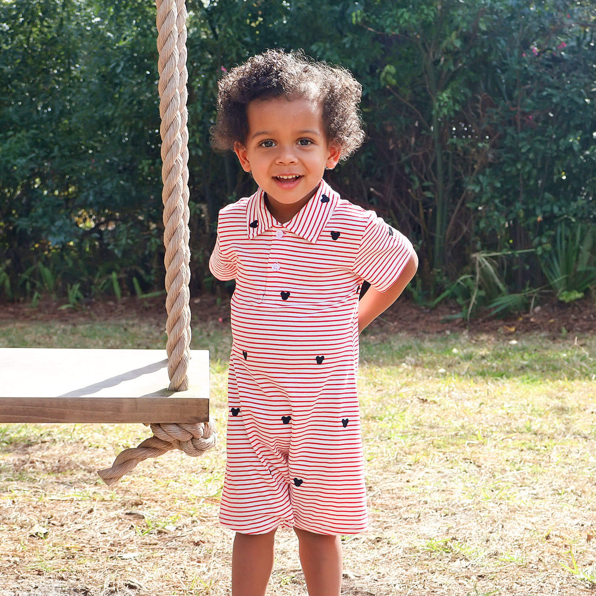 Mouse Ears Schiffli Red Stripe Polo Romper