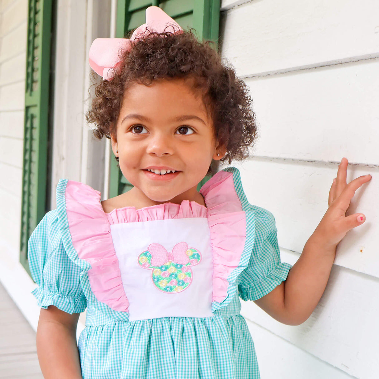 Mouse Ears Floral Embroidered Turquoise Gingham Waterfall Dress