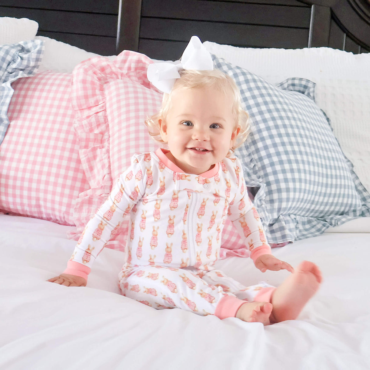 Gingham Storybook Bunnies Pink Zip Sleeper