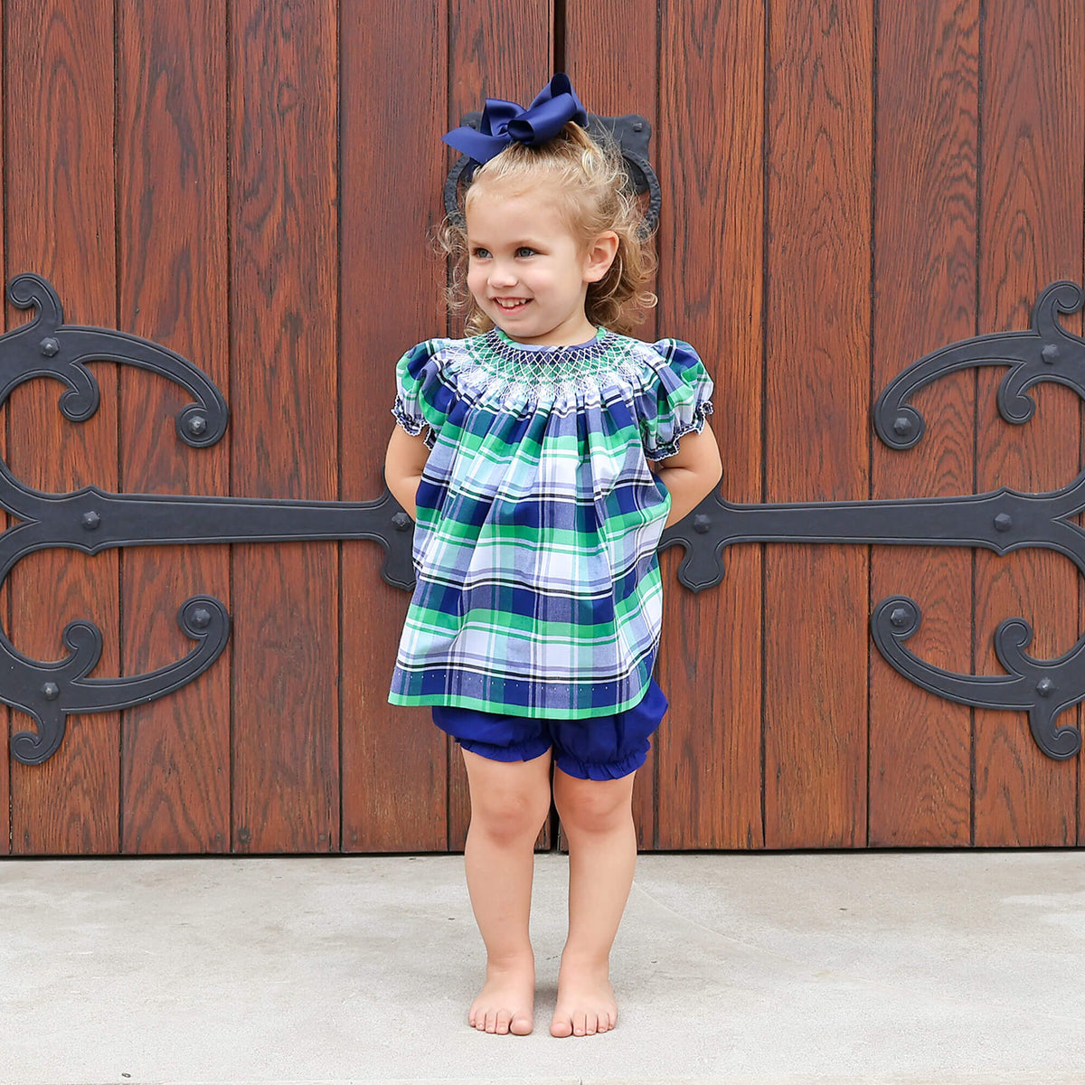 Evergreen Plaid Smocked Bishop Bloomer Set