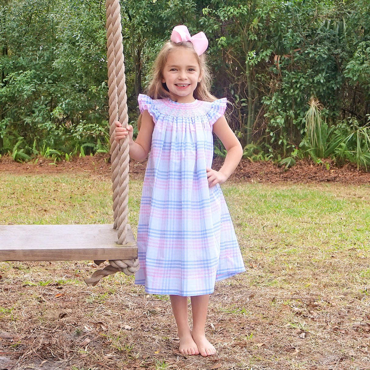 Pastel Plaid Smocked Angel Sleeve Dress
