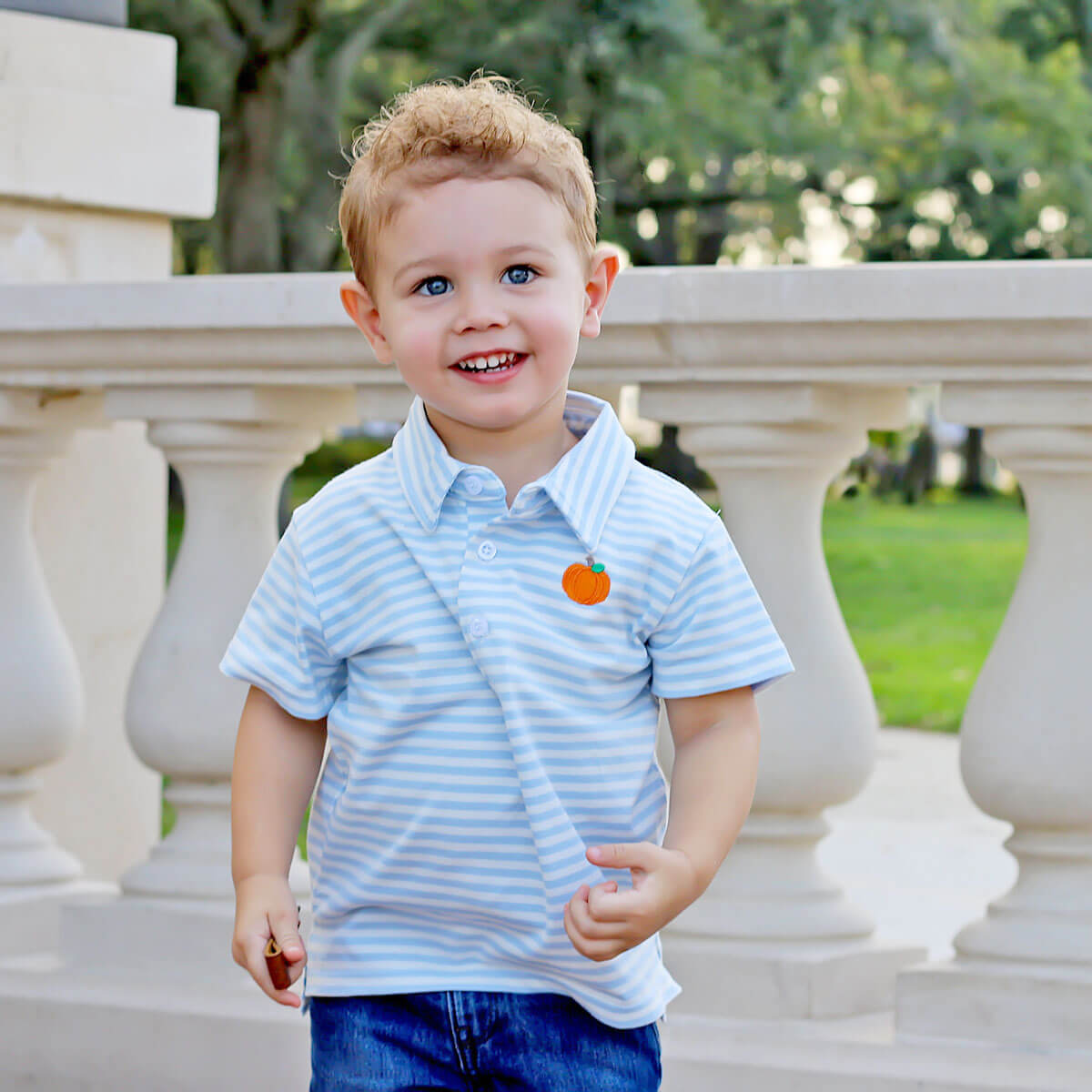 Pumpkin Embroidered Baby Blue Stripe Polo