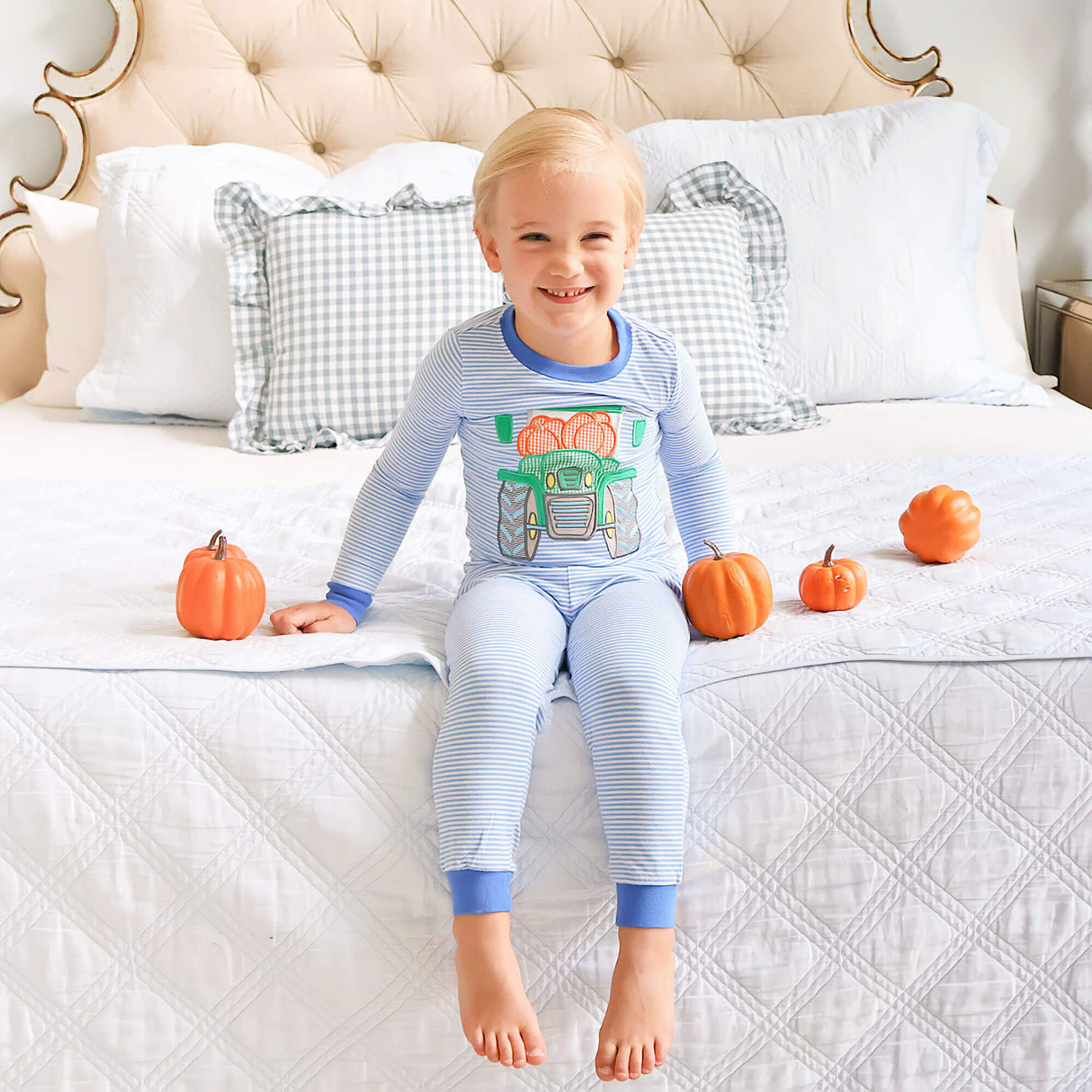 Pumpkin Tractor Blue Stripe Pajamas