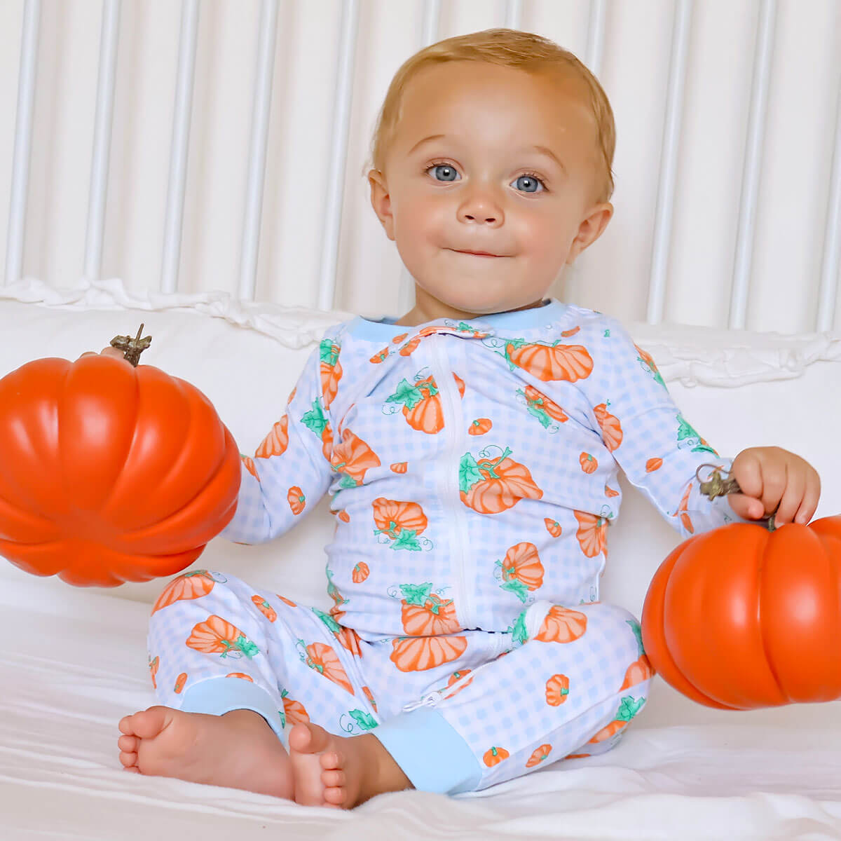 Pumpkin Print Light Blue Gingham Zip Sleeper