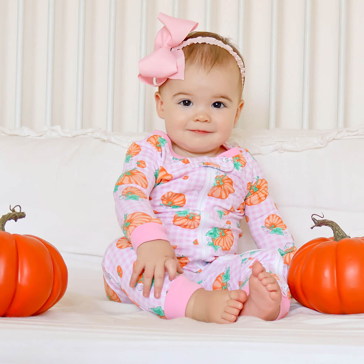 Pumpkin Print Pink Gingham Zip Sleeper