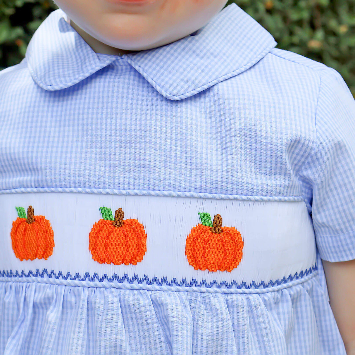 Pumpkin Patch Blue Gingham Smocked Collared Bubble