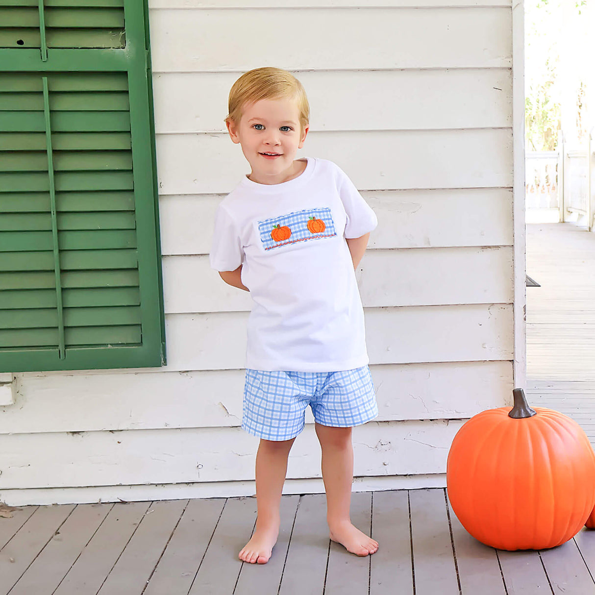 Little Pumpkin Blue Gingham Smocked Short Set