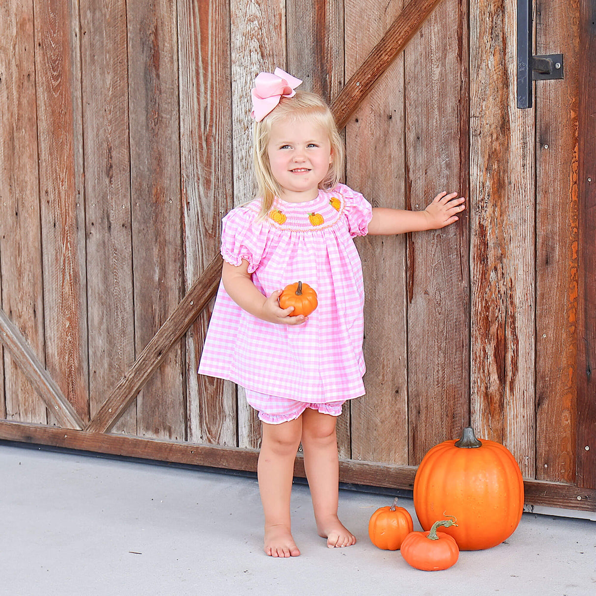 Pumpkin Trio Smocked Pink Check Bishop Bloomer Set