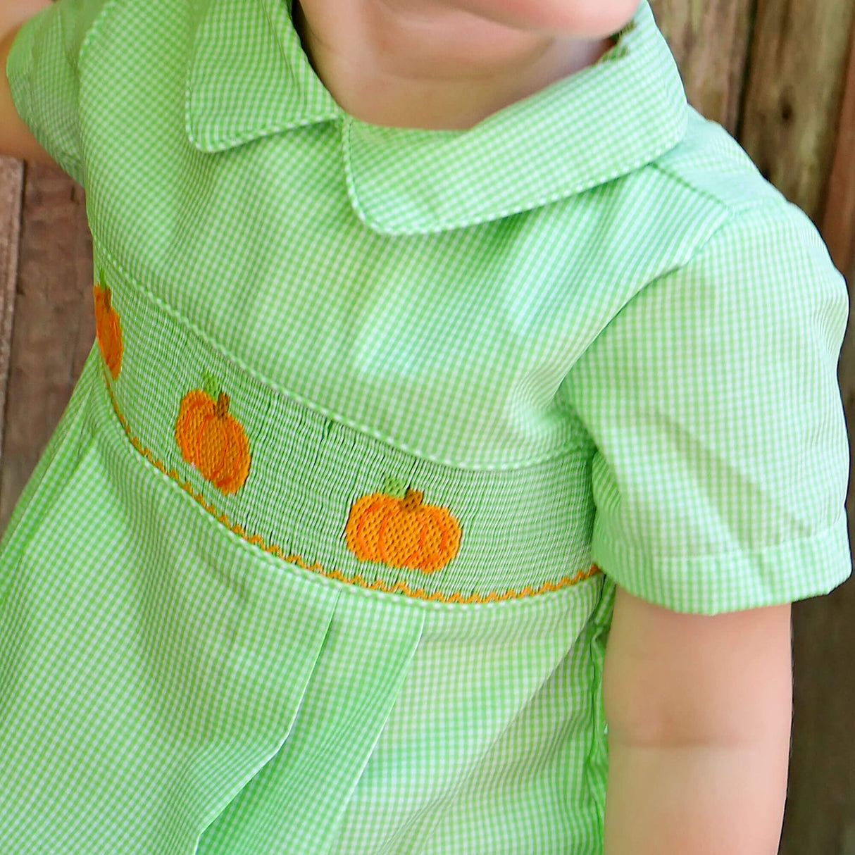 Cluster Pumpkin Smocked Lime Green Gingham Collared Bubble