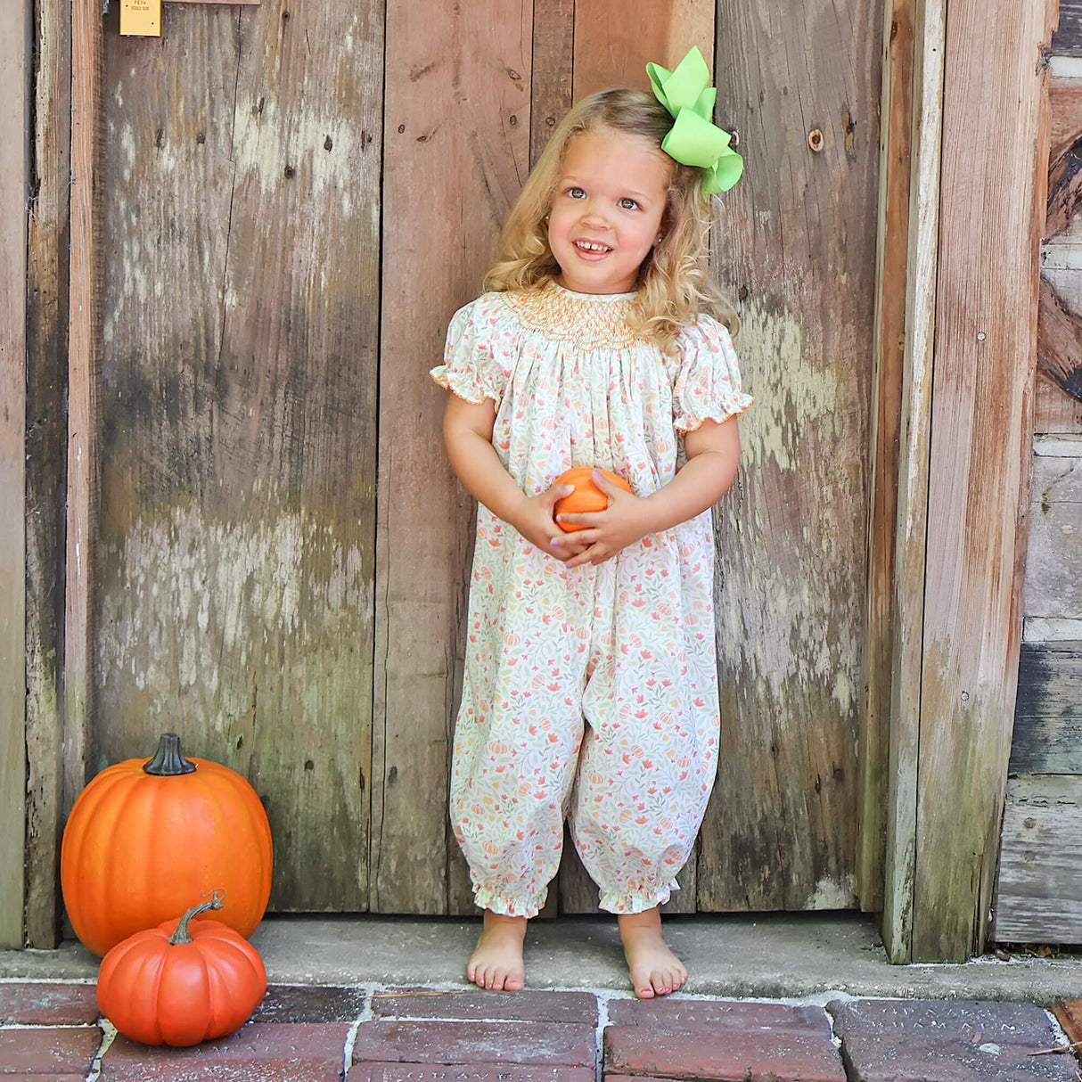 Cluster Pumpkin Floral Orange Smocked Long Bubble
