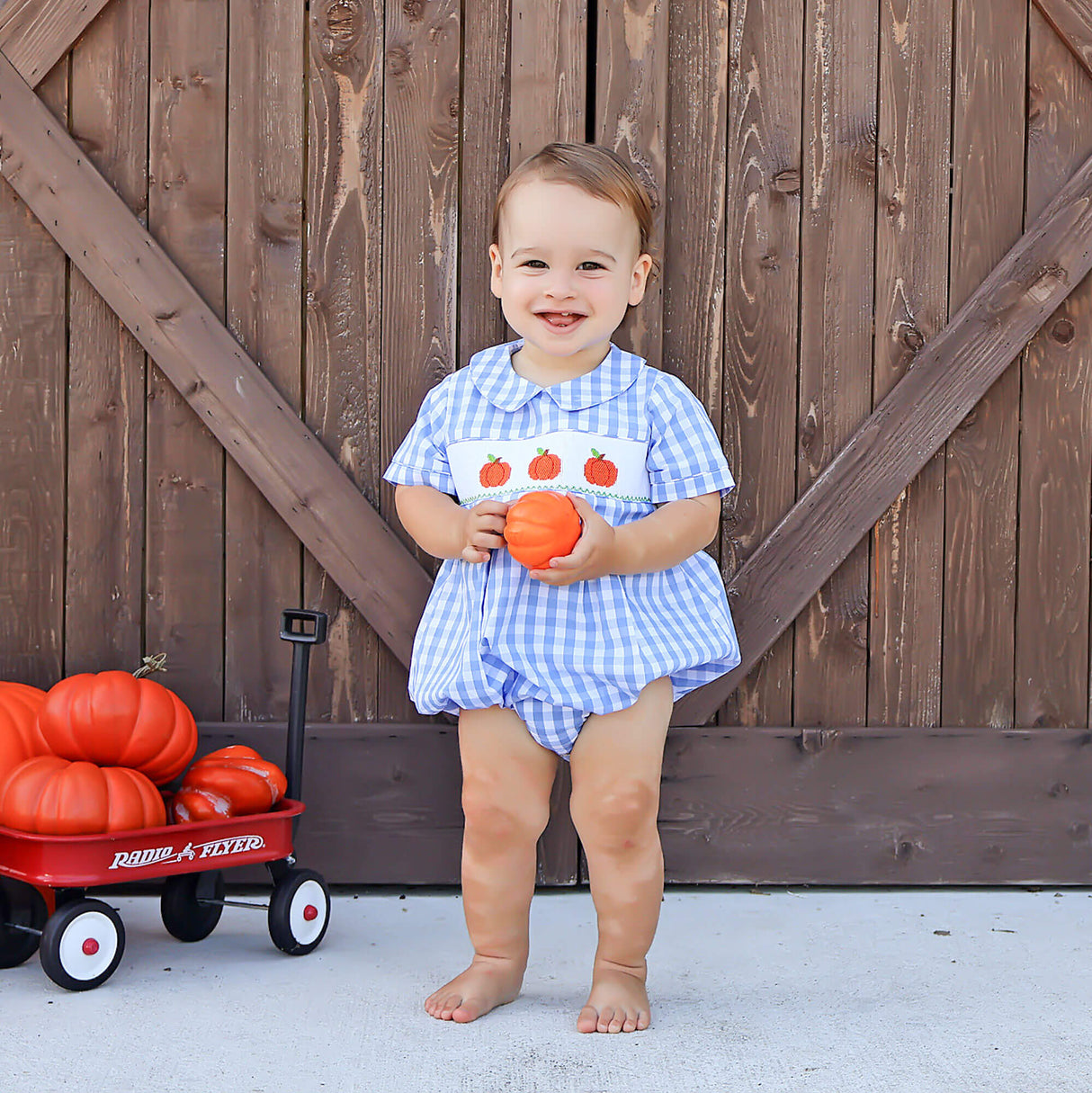 Pumpkin Smocked Light Blue Check Collared Bubble