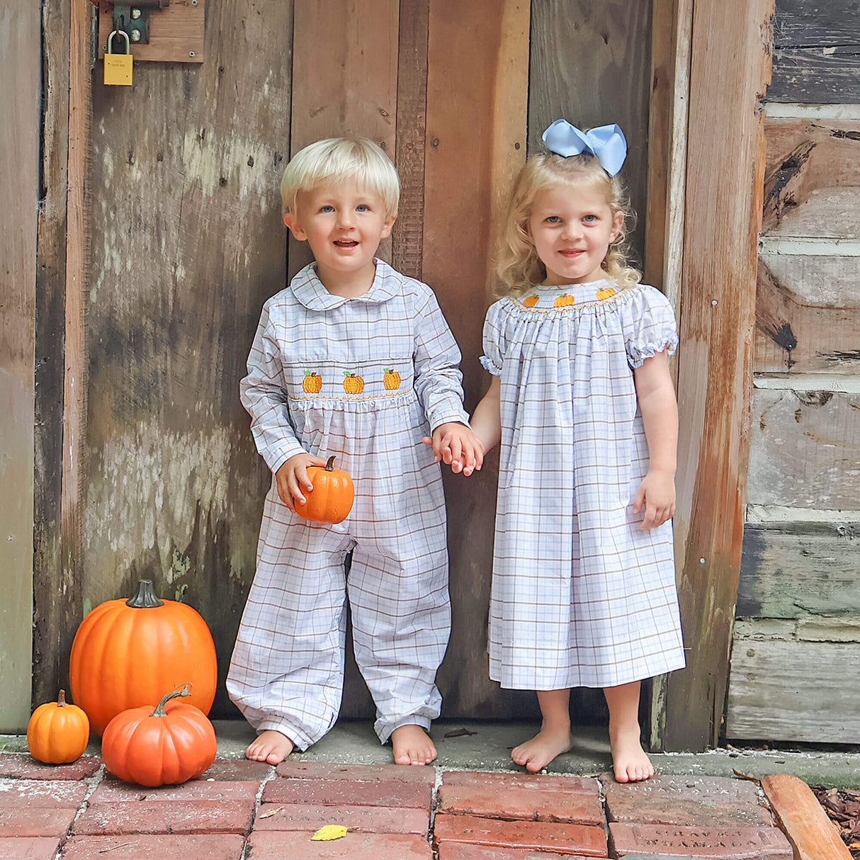 Pumpkin Smocked Blue & Tan Plaid Bishop Dress