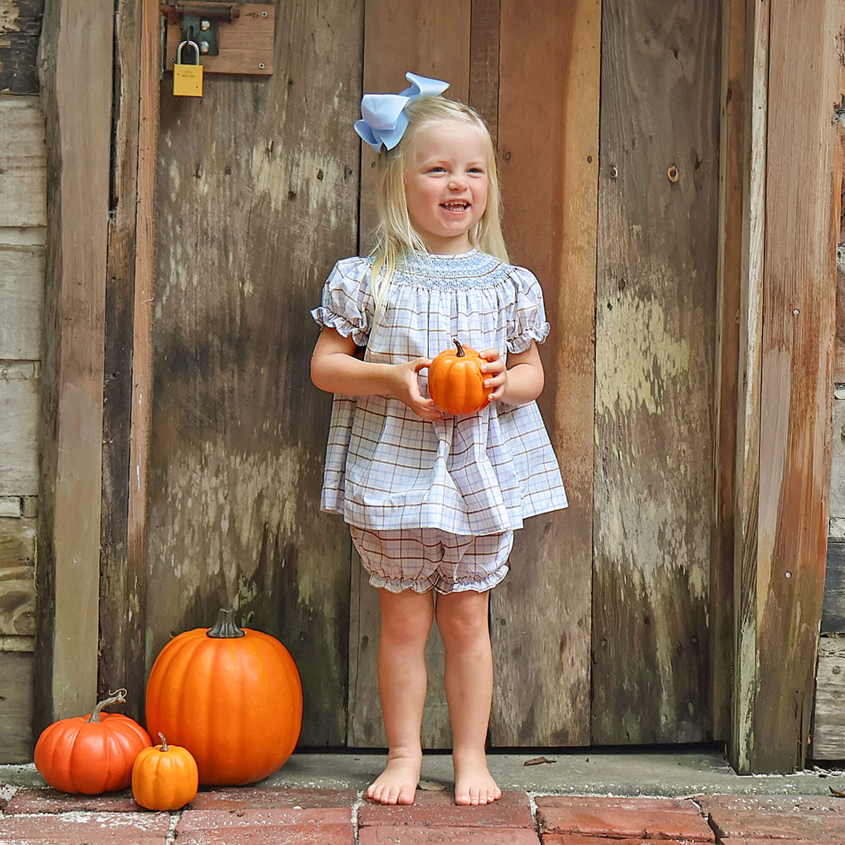 Blue & Tan Plaid Smocked Bloomer Set