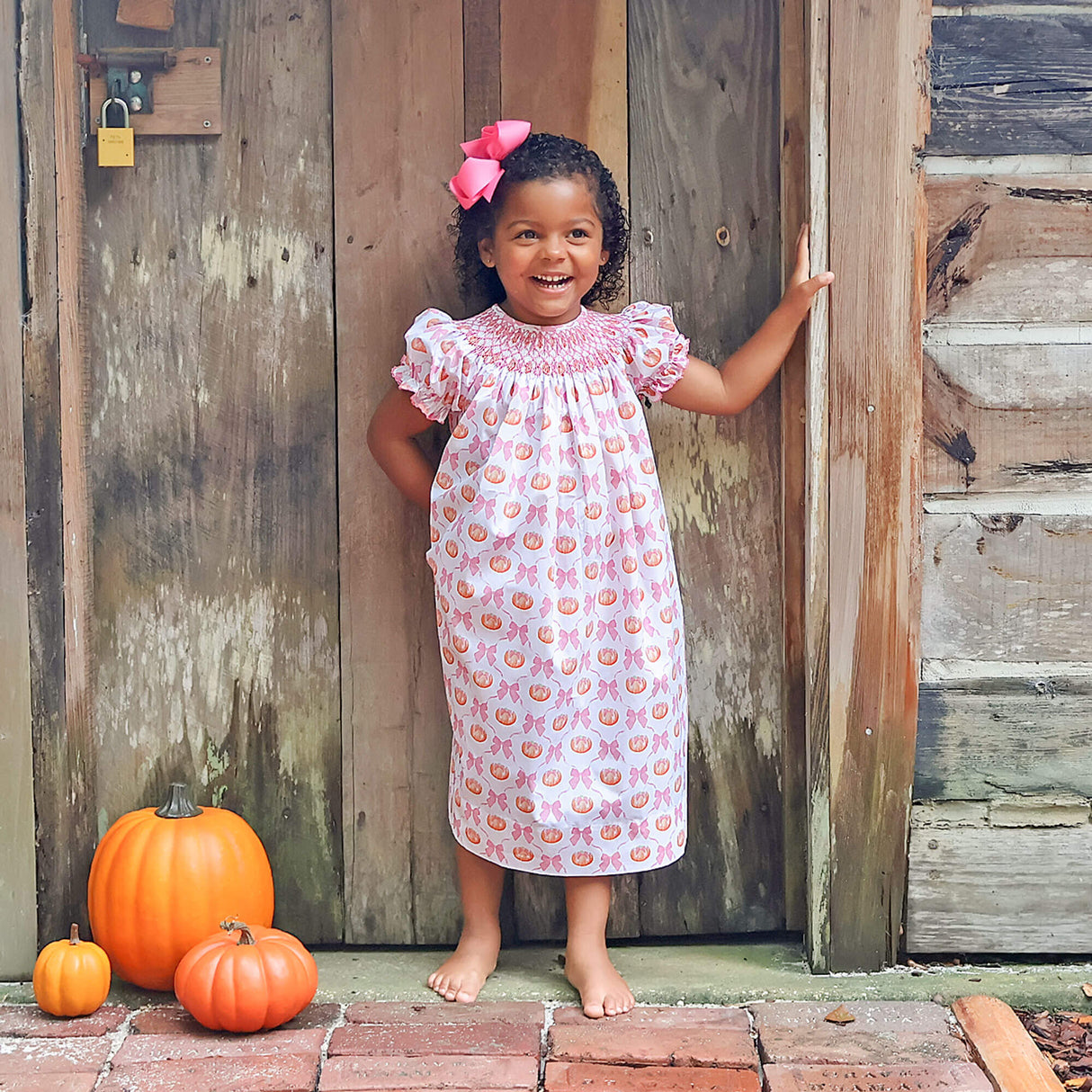 Pumpkin & Bow Trellis Smocked Pink Bishop Dress