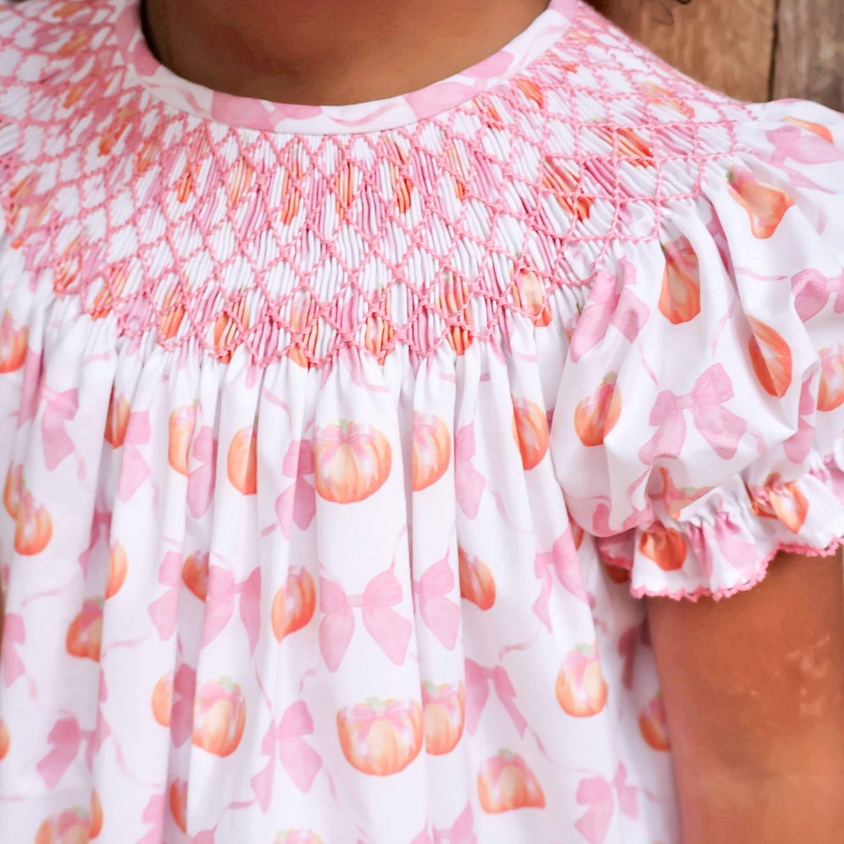 Pumpkin & Bow Trellis Smocked Pink Bishop Dress