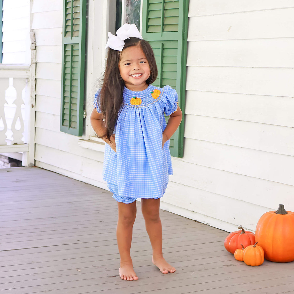 Pumpkin Trio Smocked French Blue Windowpane Bishop Bloomer Set