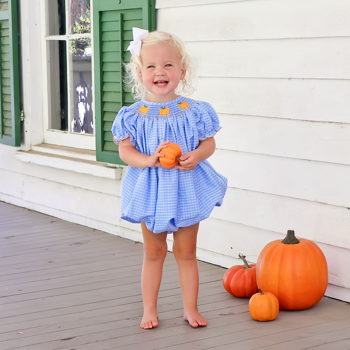 Pumpkin Trio Smocked French Blue Windowpane Bishop Bubble
