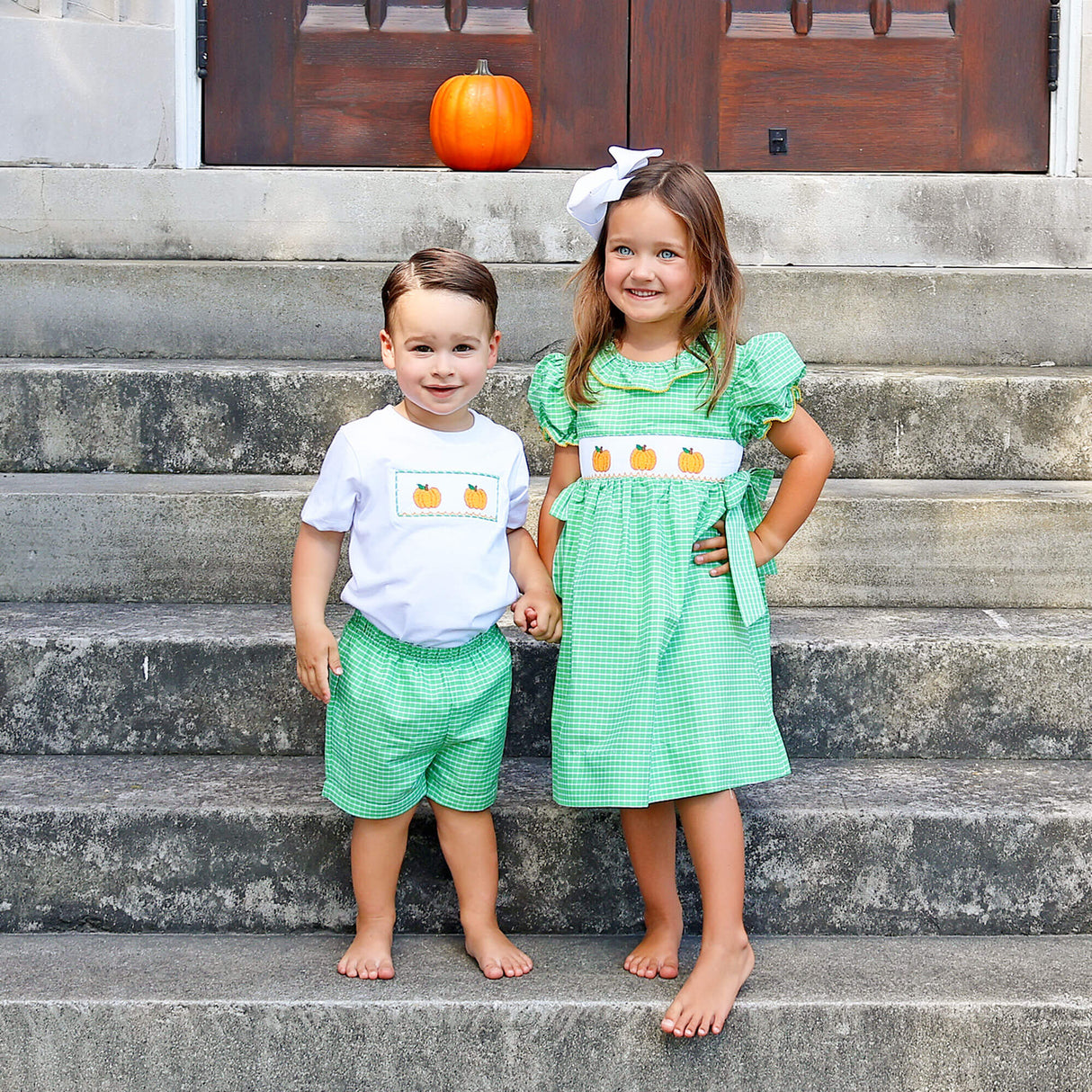 Paradise Pumpkin Smocked Green Windowpane Beverly Dress