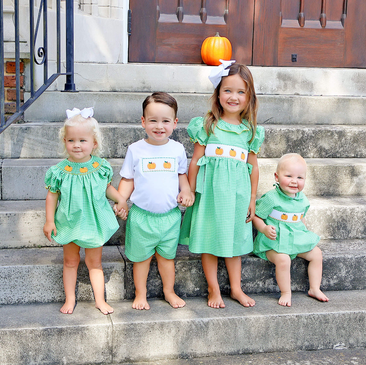 Paradise Pumpkin Smocked Green Windowpane Short Set