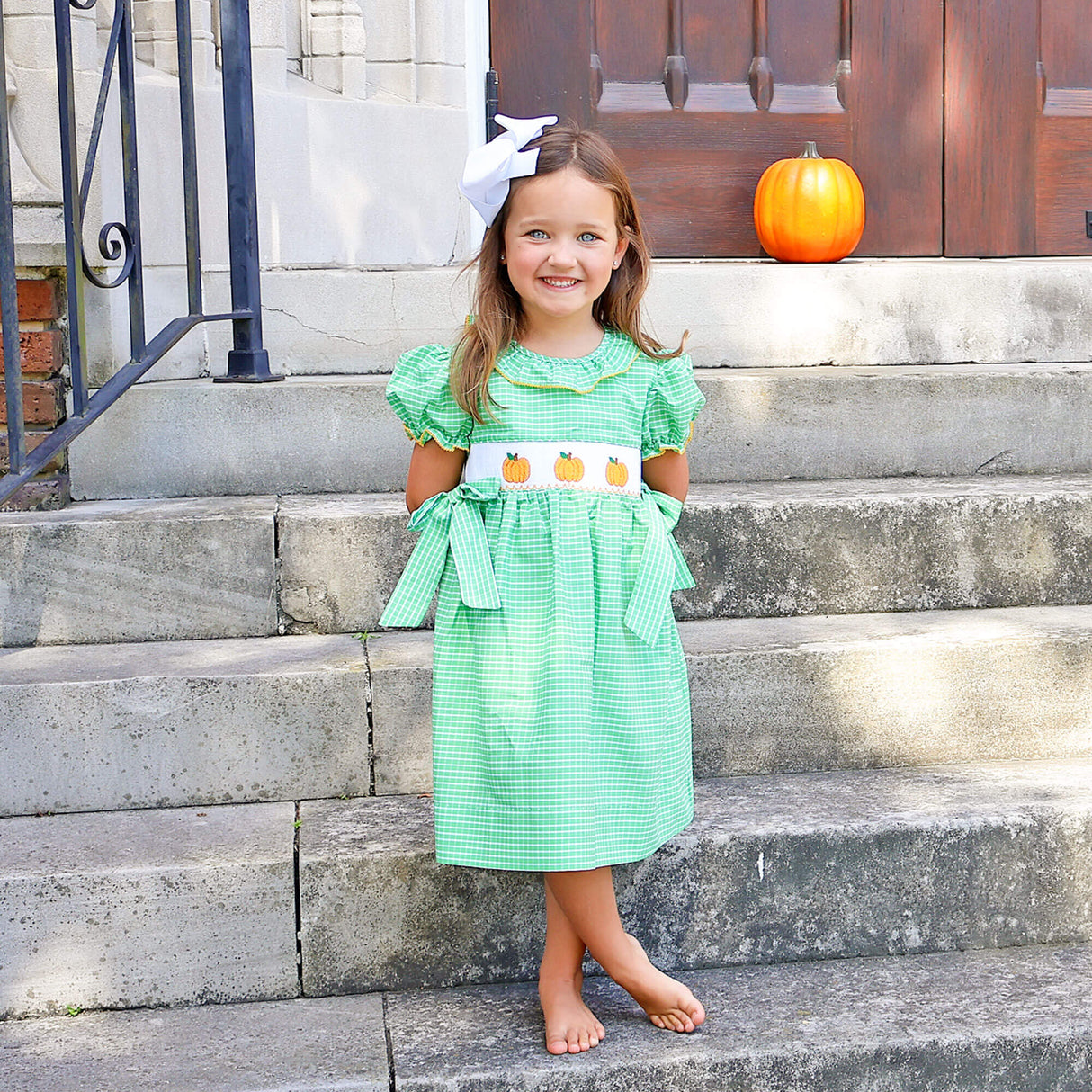 Paradise Pumpkin Smocked Green Windowpane Beverly Dress