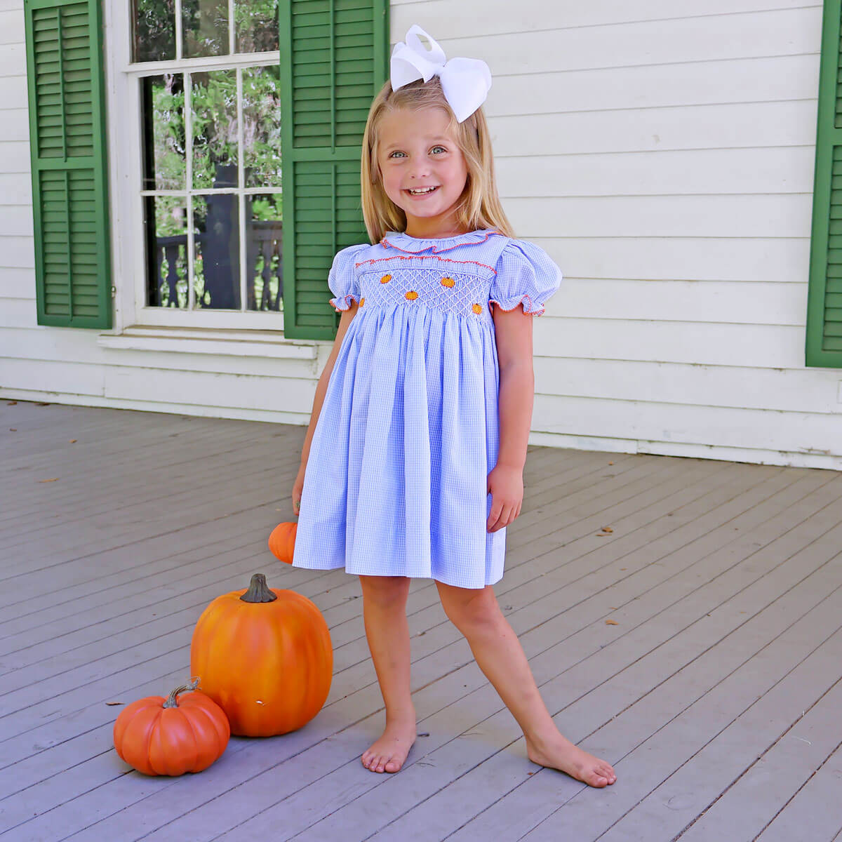 Harvest Pumpkin Light Blue Gingham Smocked Ruffle Collar Dress
