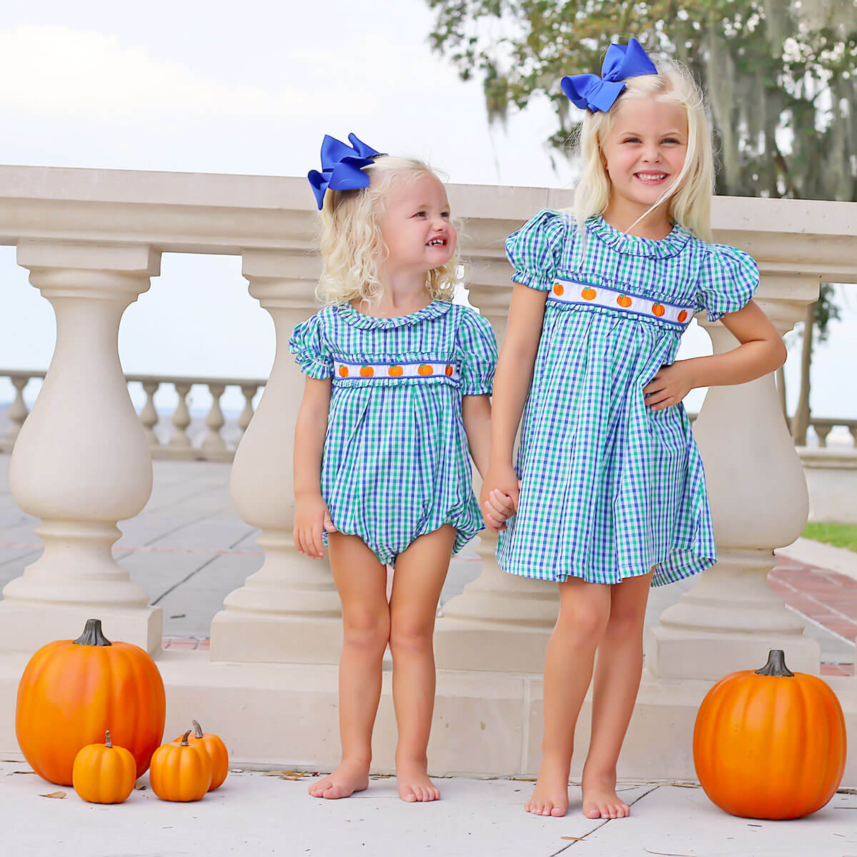 Hello Pumpkin Embroidered Blue & Green Gingham Ruffle Dress