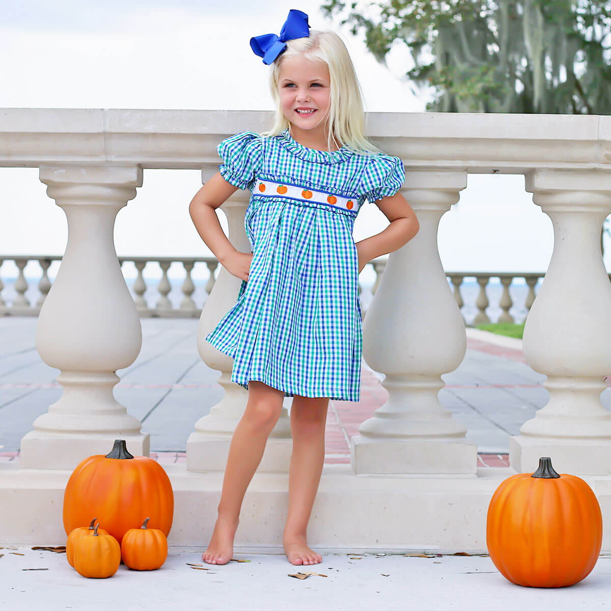 Hello Pumpkin Embroidered Blue & Green Gingham Ruffle Dress
