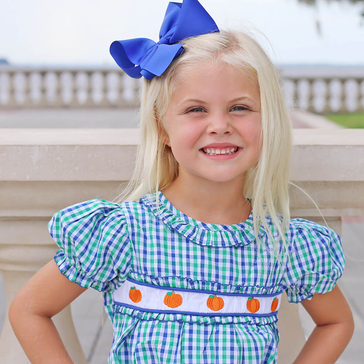 Hello Pumpkin Embroidered Blue & Green Gingham Ruffle Dress