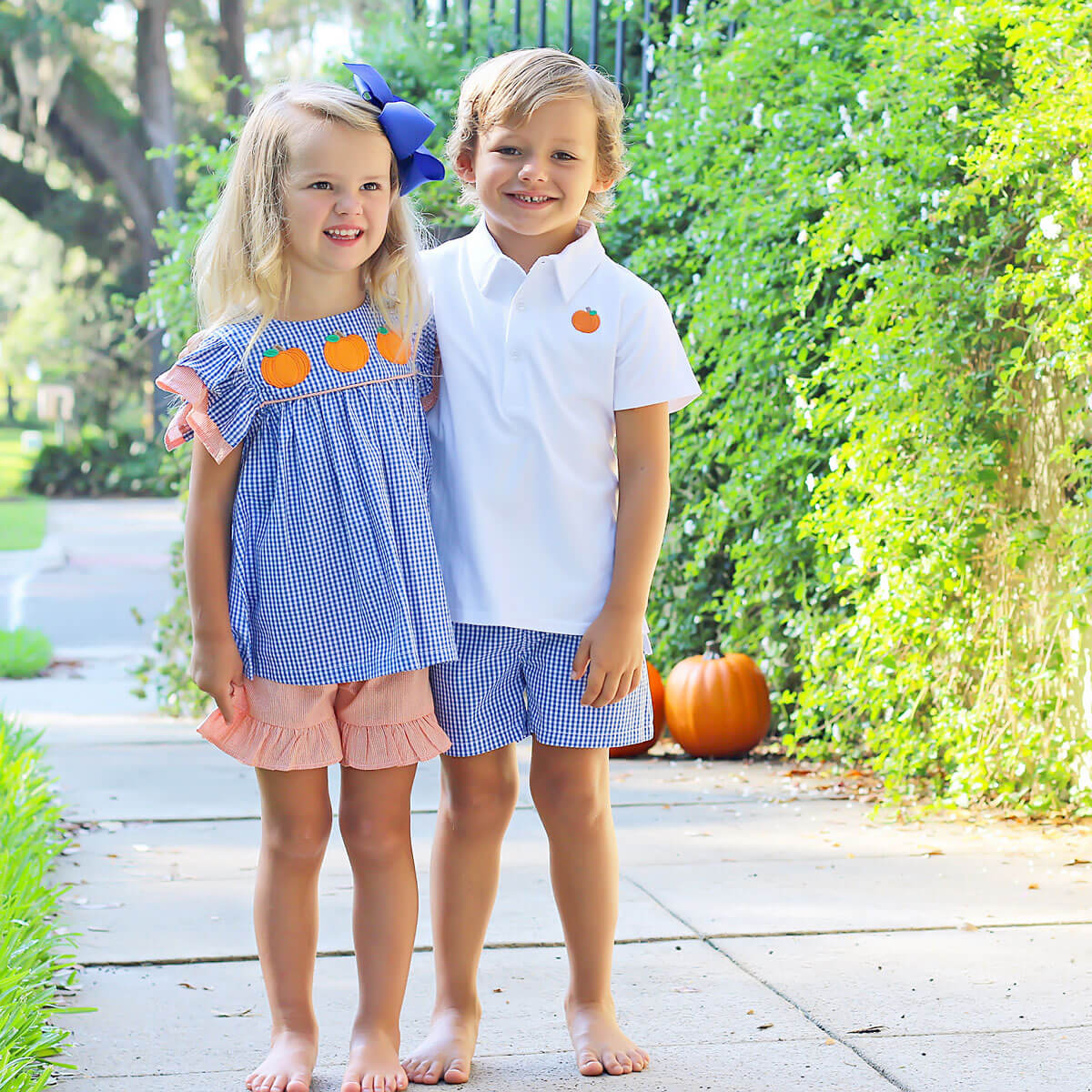 Pumpkin Picking Royal Blue Gingham Polo Short Set