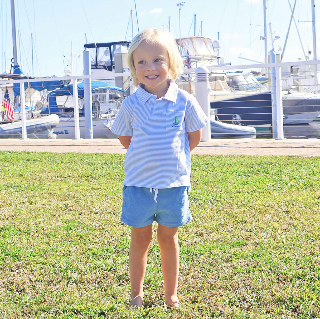 Nautical Adventure Light Blue Stripe Terry Polo Short Set
