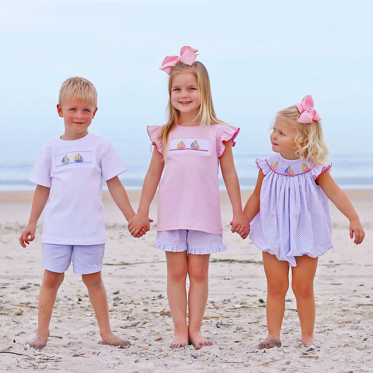 Sailboat Blue Dot Smocked Angel Sleeve Bubble