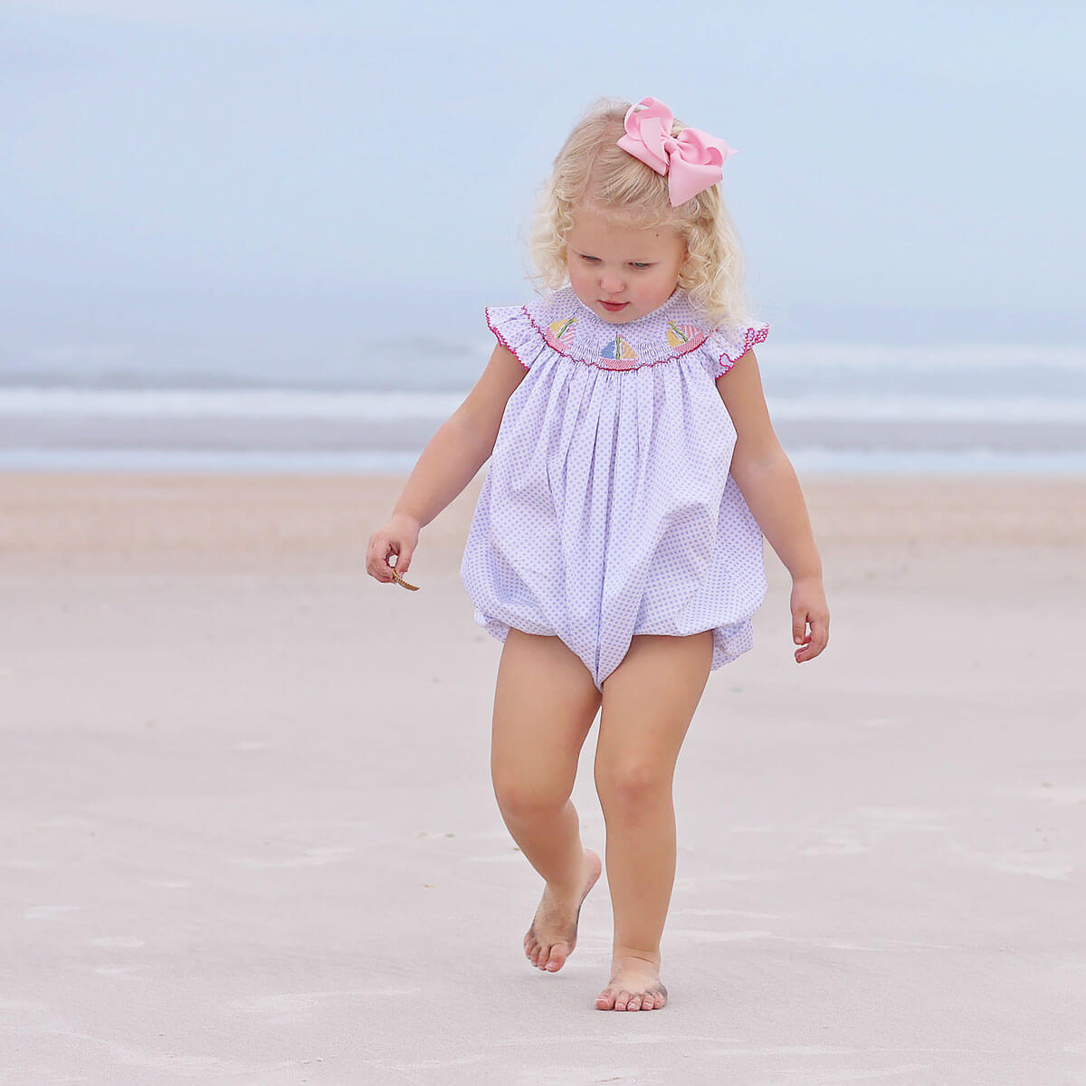 Sailboat Blue Dot Smocked Angel Sleeve Bubble