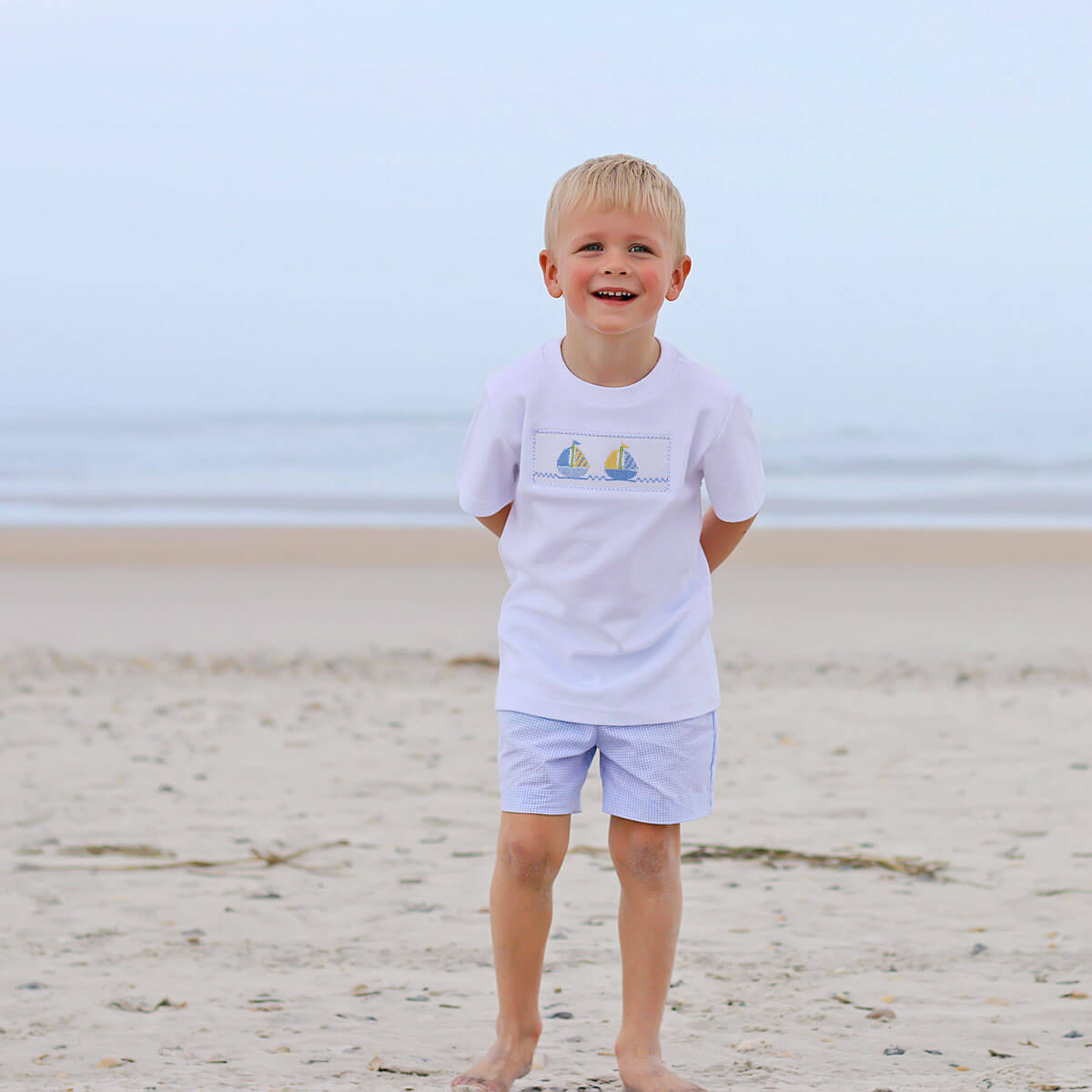 Sailboat Smocked Light Blue Short Set