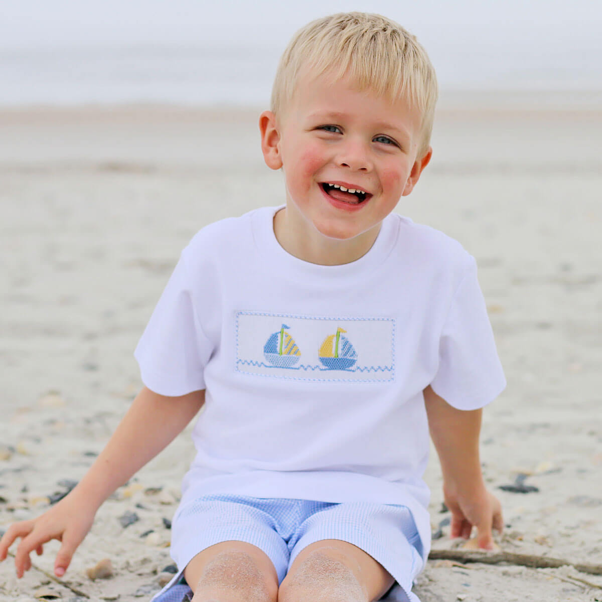 Sailboat Smocked Light Blue Short Set
