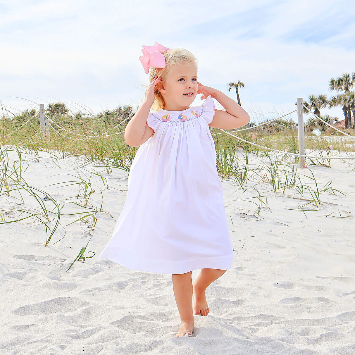 Sailboat Bliss Smocked White Angel Sleeve Dress
