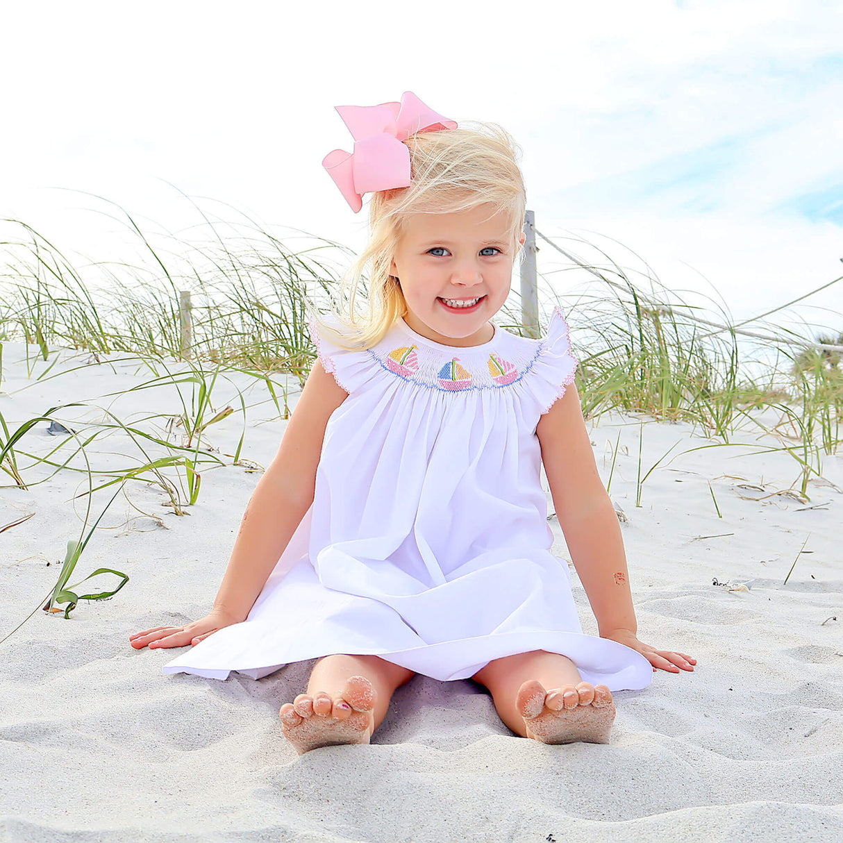 Sailboat Bliss Smocked White Angel Sleeve Dress