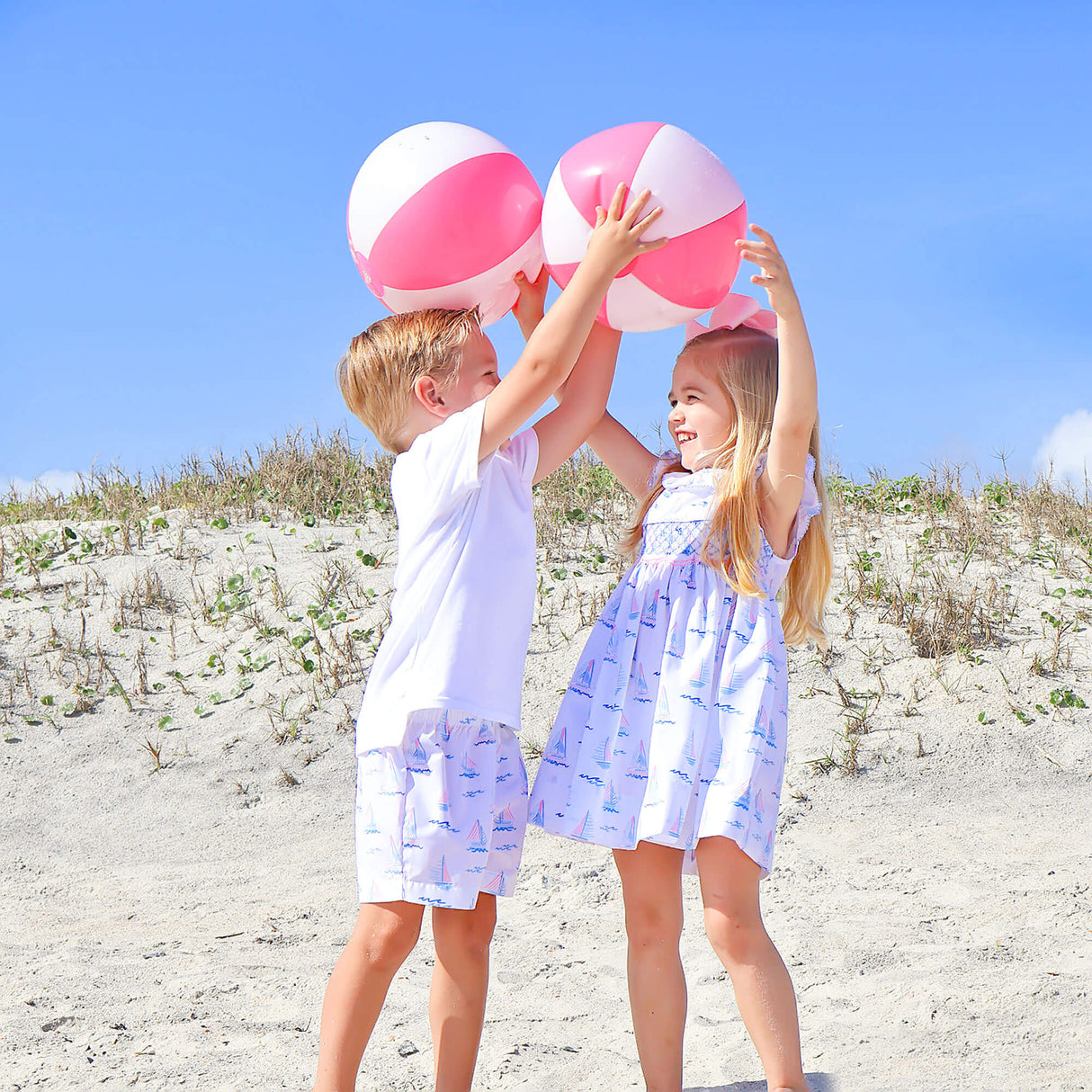Pastel Sailboat Blue Smocked Collared Dress