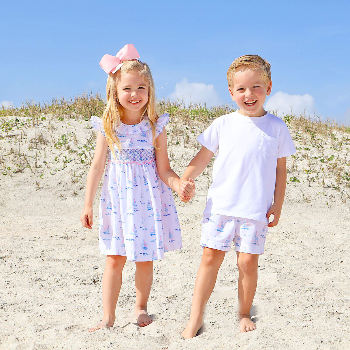 Pastel Sailboat Blue Smocked Collared Dress