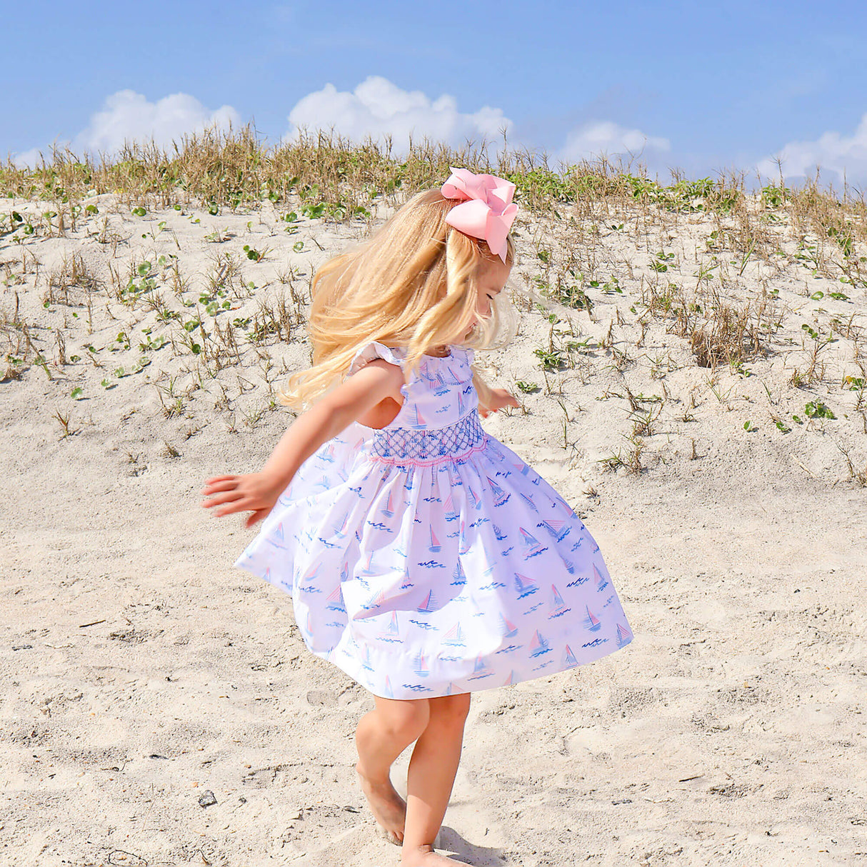 Pastel Sailboat Blue Smocked Collared Dress