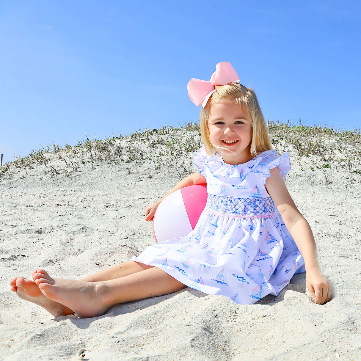Pastel Sailboat Blue Smocked Collared Dress