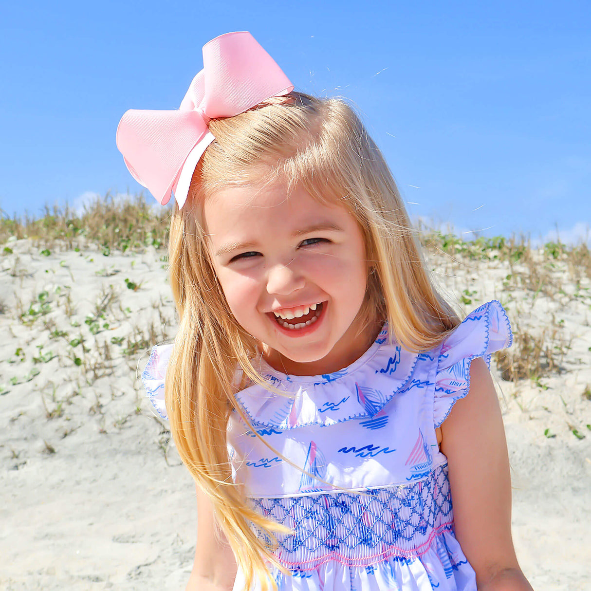 Pastel Sailboat Blue Smocked Collared Dress