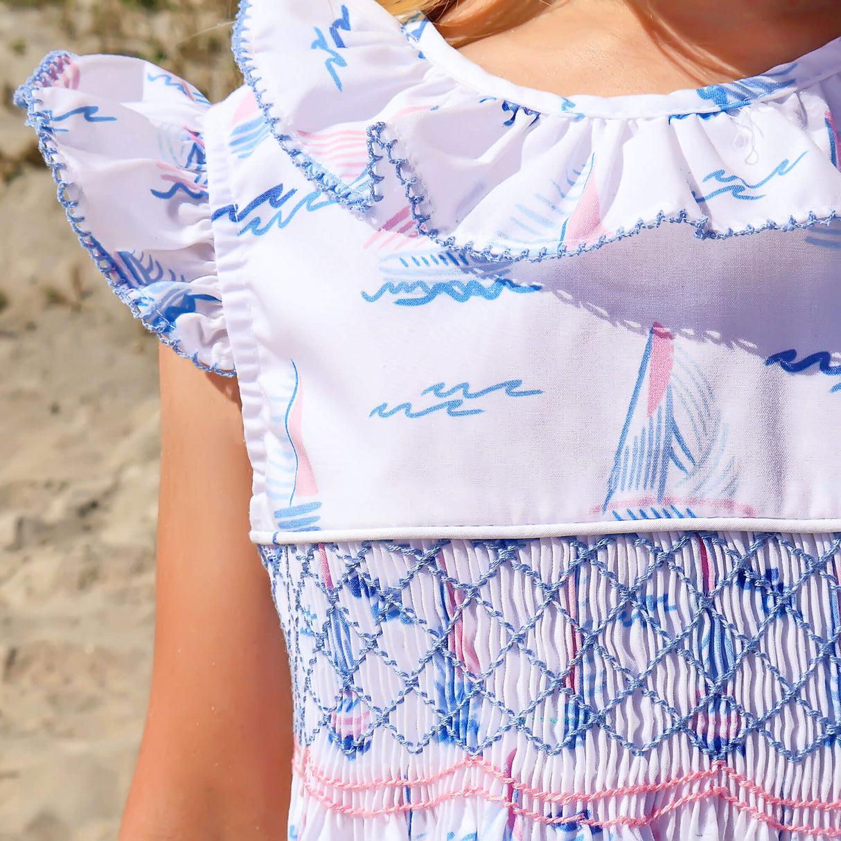 Pastel Sailboat Blue Smocked Collared Dress